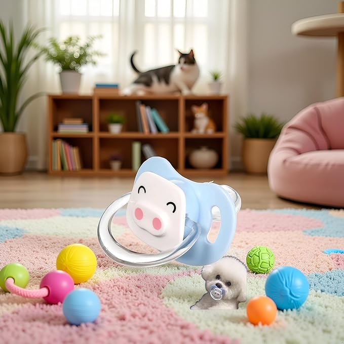 Pet Silicone Calming Pacifier, Dog Pacifiers for Small Dogs, Kitten Pacifiers, Puppy Teething Toys and Cat Chew Toys, Essential Pet Supplies, Puppy Essentials and Kitten Supplies (Blue Pig)