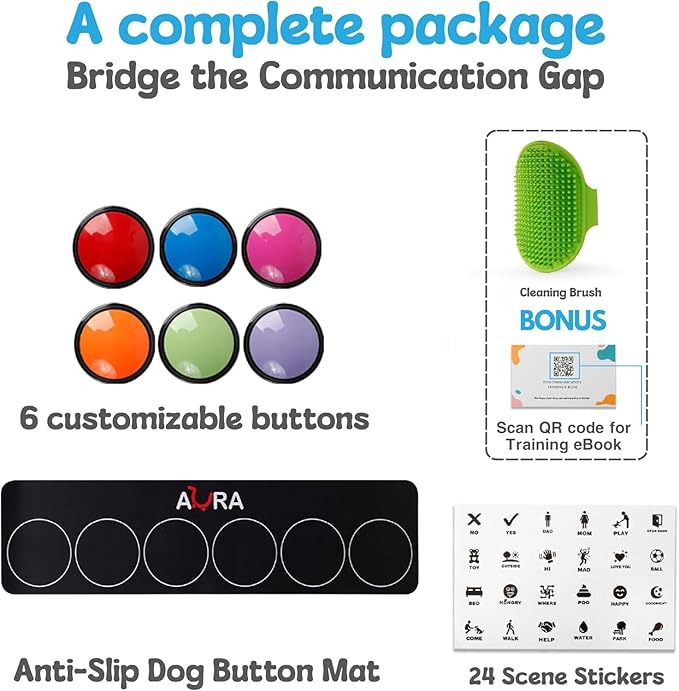 A-URA Dog Talking Buttons for Communication – 8 Recordable Dog Buttons with Anti-Slip Mat, Word Stickers, Training Guide & Video | Dog Communication Buttons for Potty Training, Daily Needs & Behavior