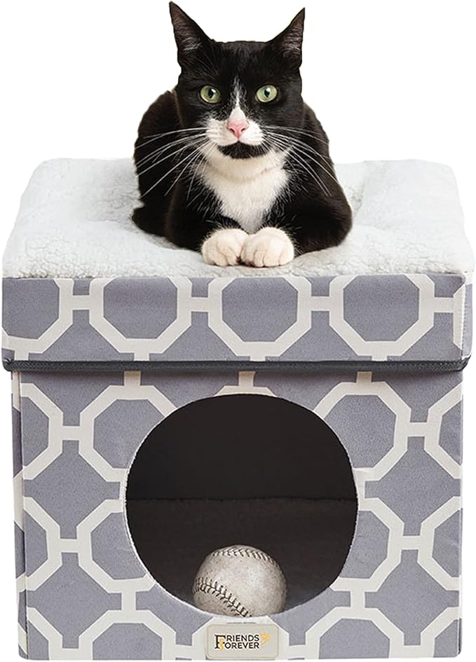 Friends Forever Taylor Upholstered Indoor Cat Bed, Collapsible Pet Cube Home, Kitten House With Sherpa Padding, Non Skid Base, Travel Friendly Foldable Ottoman Condo, Pop Up Tent Cave - Grey / Ivory