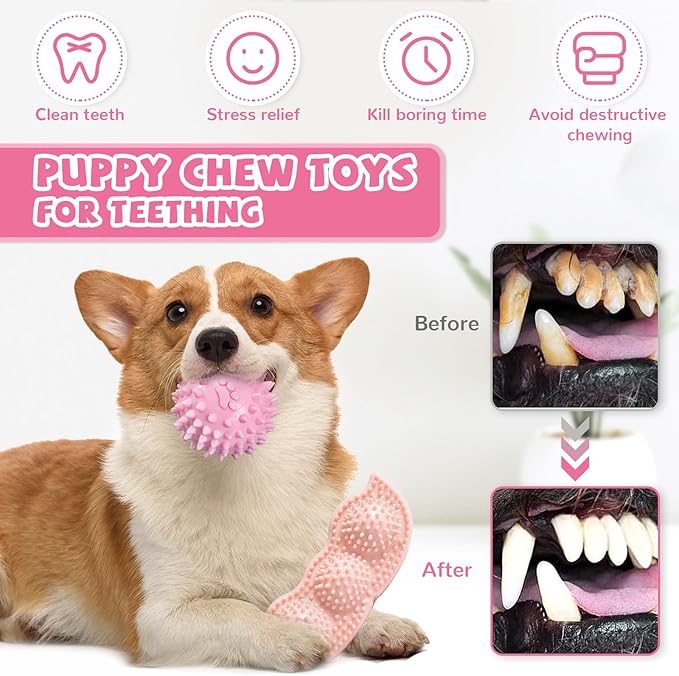 ABRRLO 6 Pack Puppy Teething Toys Cute Pink Puppy Chew Toys for Teething Small Breed Dog Chew Toy Interactive Pet Toy Set for Puppies to Keep Them Busy Soft Durable Small Breed Doggy Chewing Ball