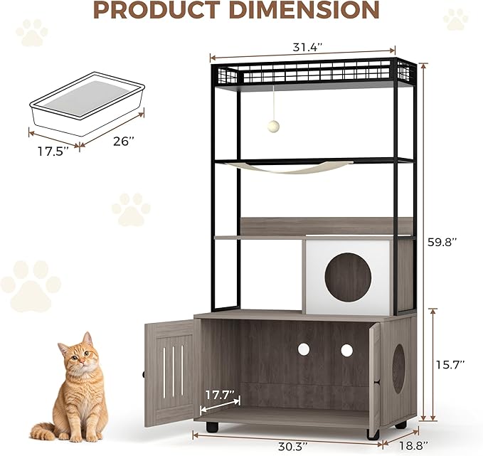 Garvee Cat Litter Box Enclosures with Storage Rack, Enclosed Litter Box Furniture, Hammock, Sisal Balls and Cat Scratching Mat