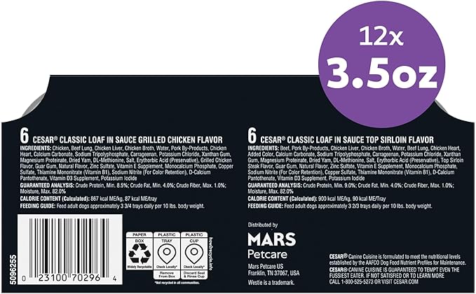 Cesar Classic Loaf in Sauce Adult Wet Dog Food, Grilled Chicken Flavor and Top Sirloin Flavor, 3.5 oz. Easy Peel Trays, Variety Pack (12 Count, Pack of 1)