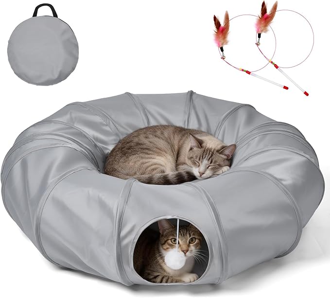 Cat Tunnel Bed with 20 Pcs Interactive Toys, 3-in-1 DIY Collapsible Plush Cat Tube with Washable Mat, Large Indoor Play Tunnel Cave for Kittens and Small Animals