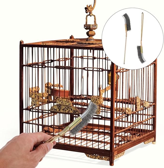 Angoily Bird Cage Brush 2-Pack Long Handle Cleaning Brush for Pet Cage Accessories with Wire Bristles for Stubborn Stain Removal and Daily Grooming