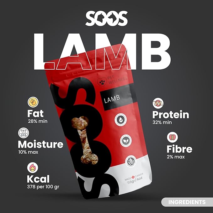SOOS Natural Lamb Treats for Dogs & Cats - High Protein, Grain Free, Vitamin Minerals, Healthy Training Treats - 113g