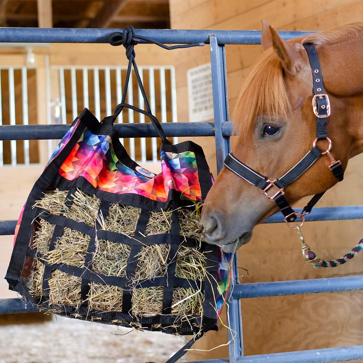Derby Originals Scratchless Slow Feeder Horse Hay Bag with Super Tough Bottom and 6 Month Warranty (Black with Turquoise Trim)