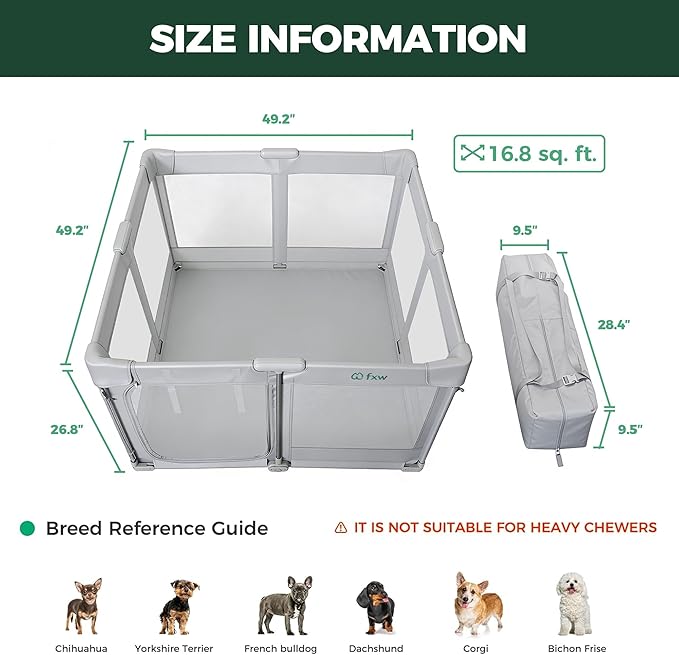 FXW SnapFold Dog Playpen with Dual Doors, Foldable & Portable Indoor Pen, 49 x 49 x 27 inch Spacious Play/Sleeping Area/Potty Training for Puppy & Small Dog, Gray