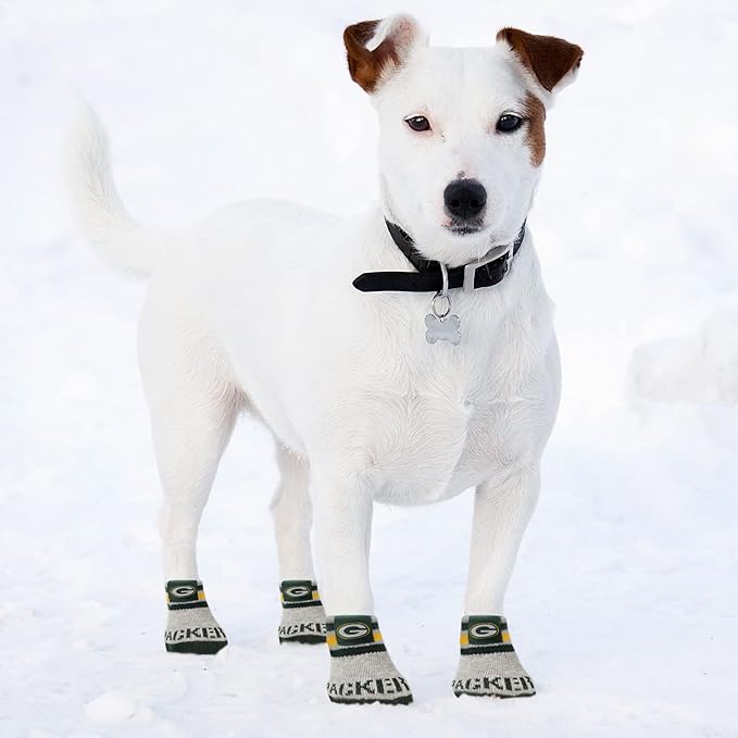 NFL Green Bay Packers Anti Slip Dog Socks with Elastic Ribbed Top, Size Medium/Large. Indoor/Outdoor Socks, Best Dog Paw Protector, 2 Pairs, Cool Puppy Supplies with NFL Logo of Packers Team