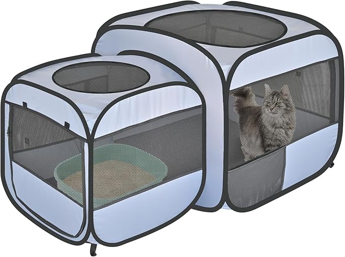 EighteenTek® 2-in-1 Portable Cat Playpen(End Doors), Pop up Kitten Playpen, Assembly-Free, Pet Tent Crates Kennel Cage Enclosure for Dog Puppy Indoor Outdoor(No Divider, Unified Space)