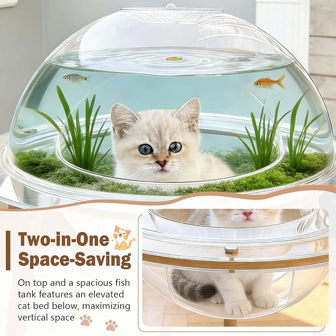 Cat Fish Tank, Interactive Orbit Fish Tank for Cats - 360° Immersive Cat Tv with Internal Tunnel, Heavy-Duty Plywood Base 4mm Thick Acrylic, Indoor Cat Enrichment Furniture