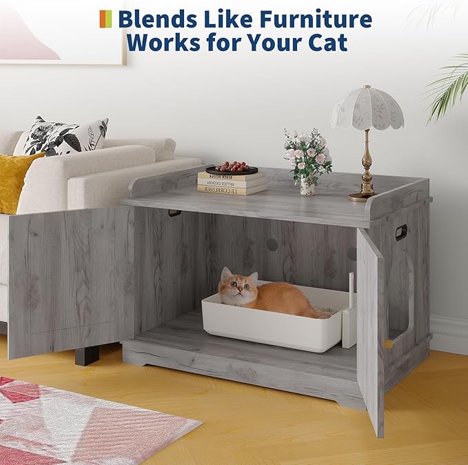 Garvee Cat Litter Box Enclosure Furniture Wooden Hidden Litter Box Cabinet Dog Proof Cat Washroom Kitty House with Vent Door