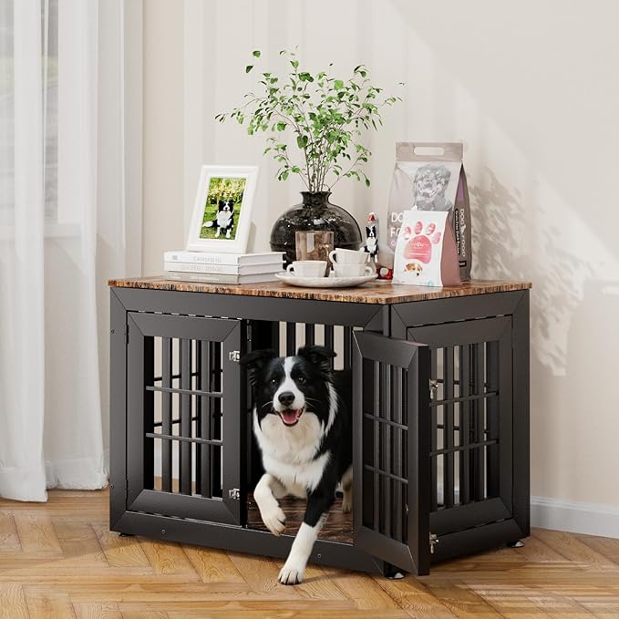 Snuowu 38" Heavy-Duty Dog Crate Furniture for Large/Medium Dogs, Rustic Wooden Dog Cage Kennel Indoor Furniture, Decorative Pet House End Table, Black & Wood