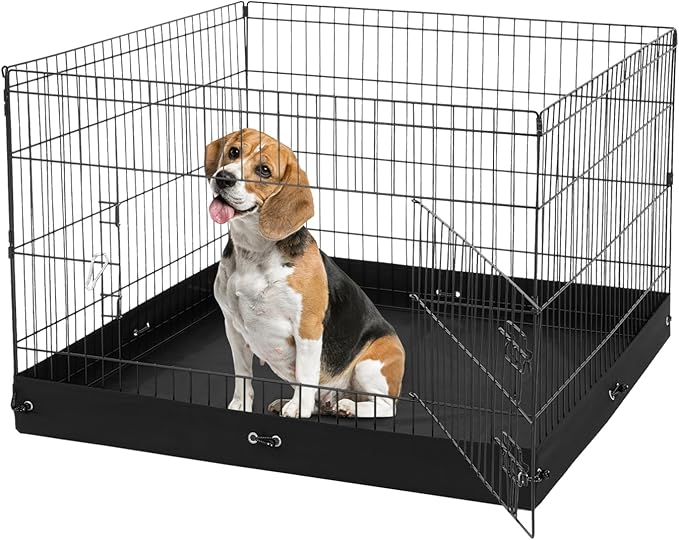 Happybuy Foldable Metal Dog Playpen, 4 Panels of 24 x 36 in, with Door and 600D Oxford Fabric Bottom Pad, Ideal for Dogs, Cats and Other Small Pets, Both Indoor and Outdoor Use