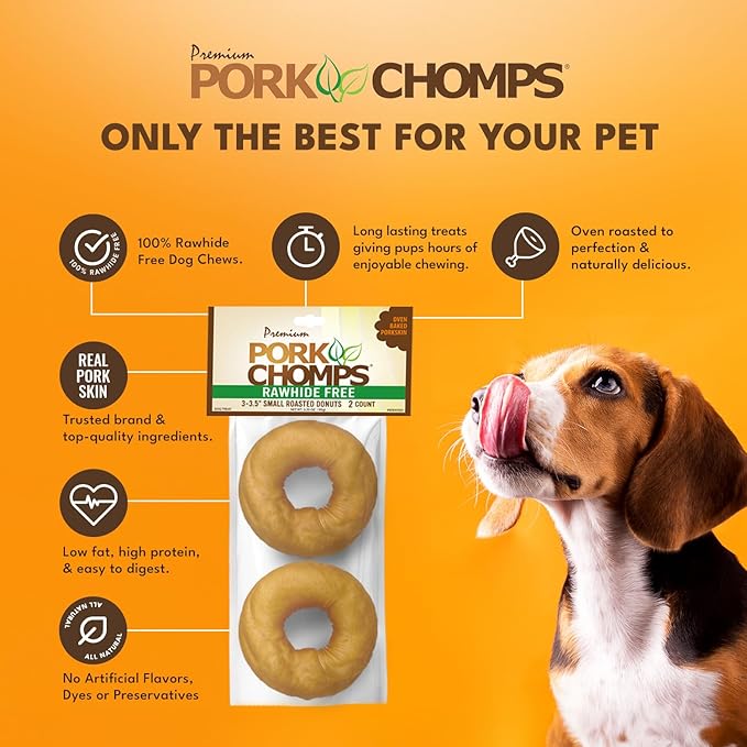 Pork Chomps Roasted Pork Skin Dog Chews, 3 Inch Donuts, Real Chicken, 2 Count, Pack of 2 - Long-Lasting Treats for Dogs - High Protein, Rawhide-Free, Low Fat, Healthy & Delicious Chews