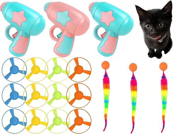 18 Pieces Cat Fetch Toy with Colorful Flying Propellers Set, 3 Colored Elastic Balls,Cat Playing Tracking Interactive Toys for Kitten Indoor and Outdoor Chasing Training Hunting