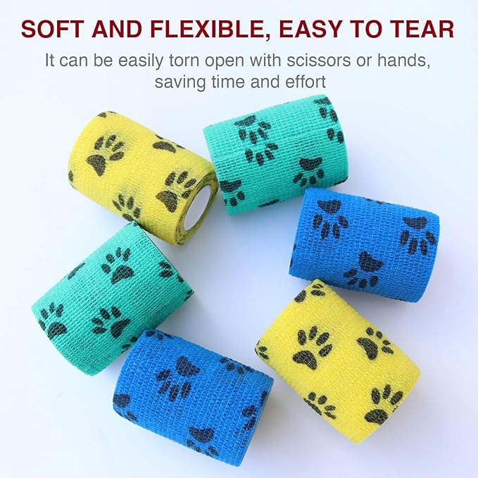Self-Adhesive Vet Wrap for Pets - 6 Rolls 3 Inch Cohesive Bandage for Dogs Cats Horses Rabbits, Pet First Aid Wound Care Stop Bleeding Prevent Licking