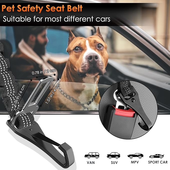 SlowTon Dog Seat Belt for Car, Adjustable 3 in 1 Dog Seatbelt with Elastic Bungee Buffer, Nylon Heavy Duty Dog Car Harness Reflective Safety Tether Leash with Latch Hook Clip Black 35.5"