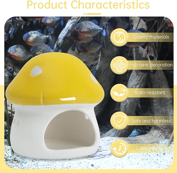 AnRui Ceramic Mushroom Aquarium Decor Cute Mini House Betta Fish Tank Accessories Decoration Hideaway Hideout Cave Ornament for Small Fish, Shrimp, Goldfish and Reptiles (Yellow, Small)