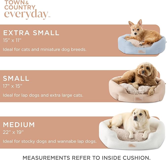 Town & Country Everyday CuddleTown Faux Linen Comfy Cozy Cuddler Pet Bed, Supportive & Calming, Non-Slip Bottom, Machine Washable Cover, Cream, XS 20"x14"x6"