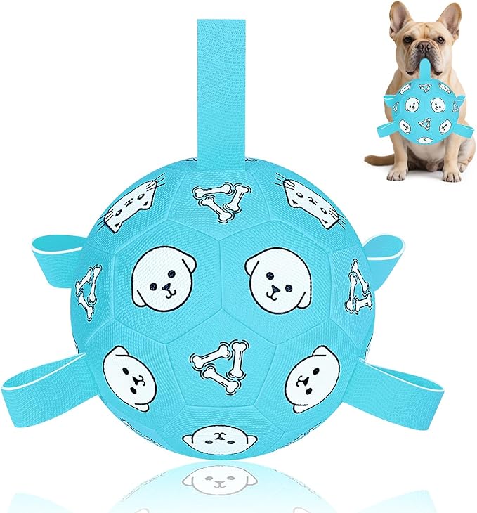 Dog Toys Soccer Ball with Straps, Dog Soccer Ball with Tabs, Dog Toys for Tug of War, Floating Water Puppy Toys for Indoor/Outdoor – Fun Dog Birthday Gift for Small Medium Dogs, 6 Inch