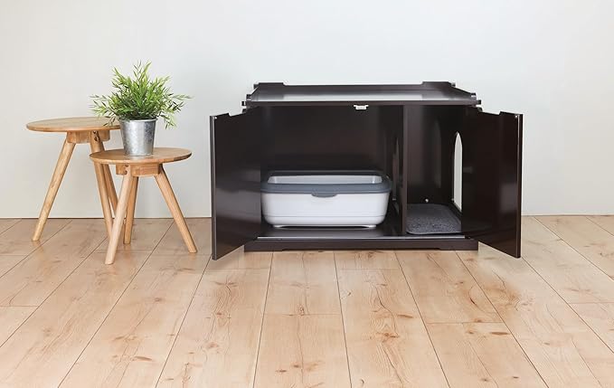 Trixie XL Furniture Litter Box Enclosure (Espresso Brown), Hidden Litter Box for Cats with Openings on Either Ends & Large Ventilations Slots, Double Doors for Easy Cleaning, Removable Divider