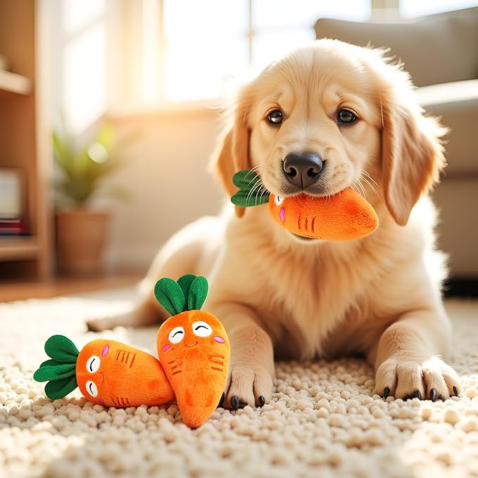 4Pcs Carrot Dog Toys with Multi-Squeakers - Soft Plush Chew Toys for Puppies and Cats, Interactive Bite-Resistant Pet Supplies, Cute Carrot-Shaped Cat/Dog Toy