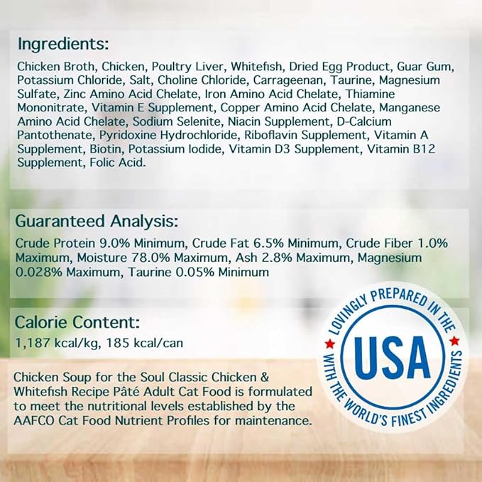 Chicken Soup for The Soul All Natural Premium Adult Wet Cat Food, Real Meat First Ingredient, No by-Products, Artificial Colors, Flavors or Preservatives, Chicken & Whitefish Pate, 5.5oz (Pack of 24)