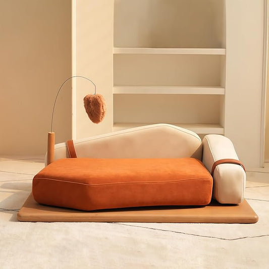 GDFStudio 27.6" Wooden Pet Bed for Cats and Dogs, Oak Veneer Frame with Washable Cushion, Scratch-Resistant Fabric, Elevated Pet Sofa Bed with Hanging Toy and Non-Slip Feet for Medium to Large Pets