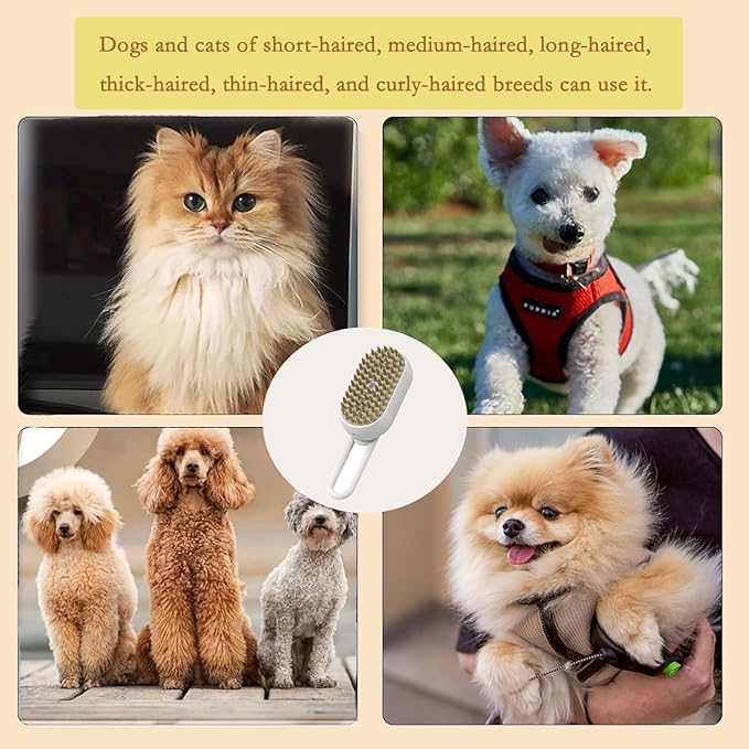 3-in-1 Cat & Dog Grooming Brush, Steam & Massage, USB Rechargeable, White, All Hair Types, Pet Owners (Cats & Dogs), Unisex