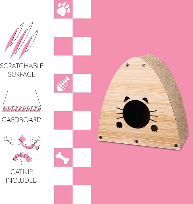 CSR1006H Koko 19" Modern Cardboard Triangle Cat Cave Scratcher with Catnip, Brown Wood Pattern, 2-in-1 Corrugated Cat House Hideaway & Scratching Board for Cats, Space-Saving