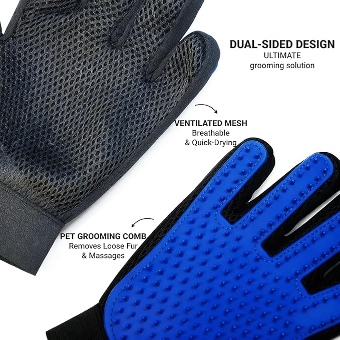 MEUOMIW Pet Grooming Glove for Dogs & Cats, 2-in-1 Pet Hair Remover Glove & Deshedding Brush, Gentle Massage Mitt for Shedding Control and Bathing, Safe for Short/Long Hair (Blue, 1-Pack, Right-Hand)