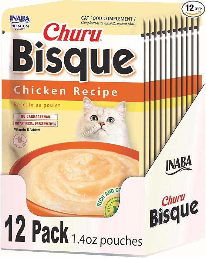 INABA Churu Bisque for Cats, Creamy Lickable Purée Side Dish with Vitamin E, 1.4 Ounces per Pouch, 12 Pouches, Chicken Recipe