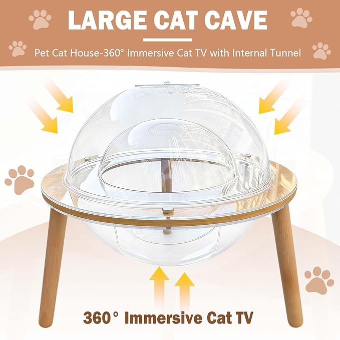 Cat Fish Tank, Interactive Orbit Fish Tank for Cats - 360° Immersive Cat Tv with Internal Tunnel, Heavy-Duty Plywood Base 4mm Thick Acrylic, Indoor Cat Enrichment Furniture