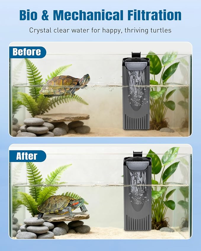 Pawfly 61 GPH 5.2 W Turtle Tank Filter, Low Water Level Turtle Filter for 3-15 Gallon Tanks, Mechanical & Bio-Filtration Internal Filter for Turtle Tanks, Ultra Quiet Waterfall Turtle Water Filter