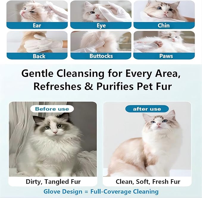 Pet Glove Wipes for Cats & Dogs, No Rinse Deodorizing Cleaning Mittens, Sphynx Cat Supplies, Thickened Hypoallergenic Aloe Vera, Unscented Full Body Grooming, Daily Care & Travel, 6 Count