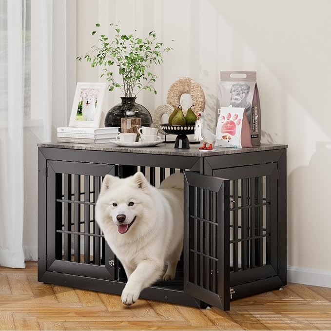 Snuowu 42" Heavy-Duty Dog Crate Furniture for Large/Medium Dogs, XL Wooden Dog Cage Kennel Indoor Furniture, Decorative Pet House End Table, Black & Grey