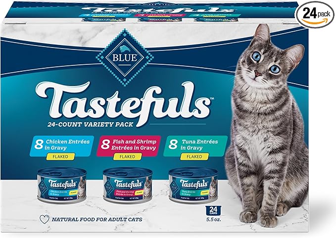 Blue Buffalo Tastefuls Flaked Wet Cat Food Variety Pack, Made with Natural Ingredients, Tuna, Chicken, Fish & Shrimp, 5.5-oz Cans (24 Count, 8 of Each)