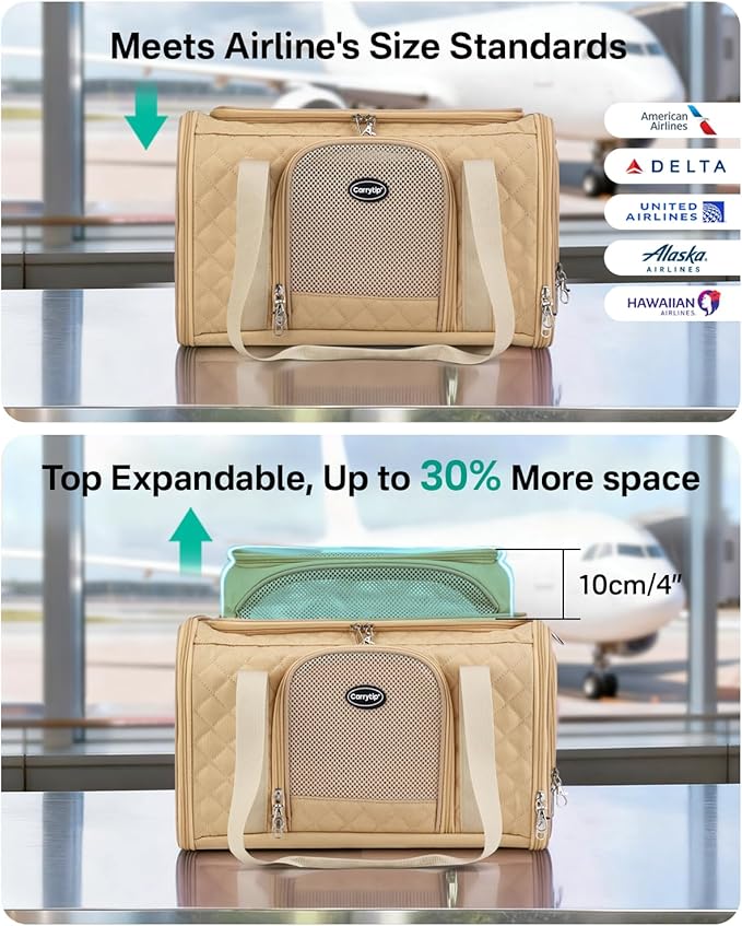 Cat Carrier Airline Approved 17x11x9.5 Inches, Top Expandable Soft Sided Pet Travel Carrier for Cats & Small Dogs, Fits Under Airline Seat with Locking Zippers, Brown