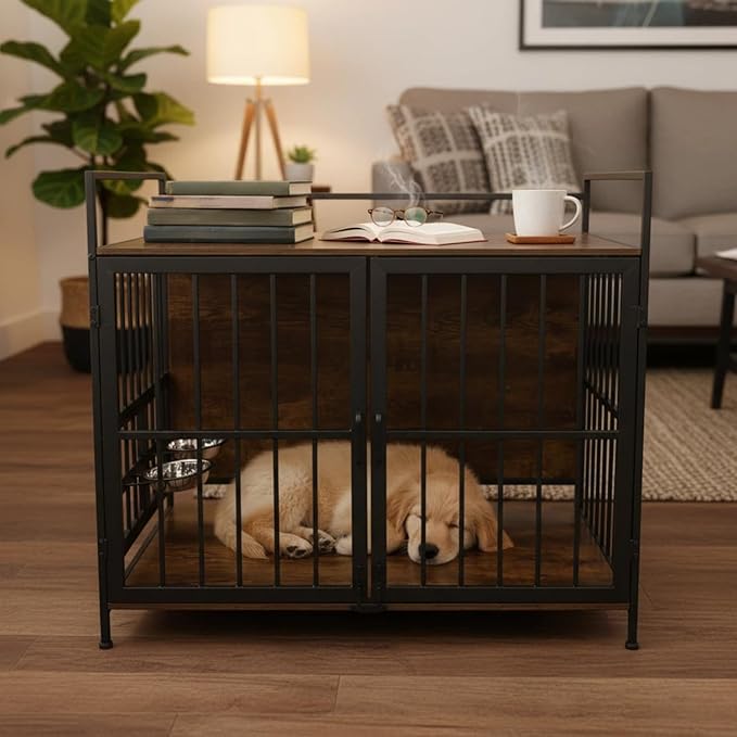 41 Inch Dog Crate Furniture for Large Dogs, Wooden Indoor Dog Cage with Double Doors, Built-in 360° Swivel Bowls, Comfortable Flat Floor, Rustic Style End Table Kennel