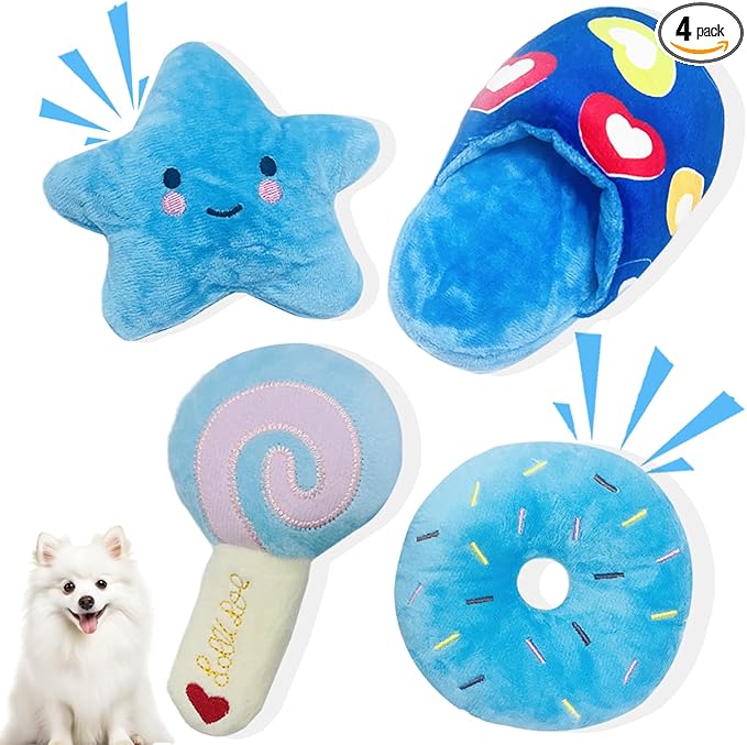 Soft Dog Toys for Small Dogs, 4 Packs Cute Chew Toys for Puppy, Durable Soft Plush Small Dog Toys, Blue Stars Designs, Puppy Toys