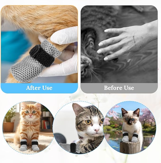 Qianyu 4 Pcs Cat Boots Anti Scratch Mittens Gloves Mesh Cat Claw Protectors Foot Covers Adjustable Breathable Kitten Shoes to Prevent Scratching for Pet Bathing Feeding Cutting Nails Trimming