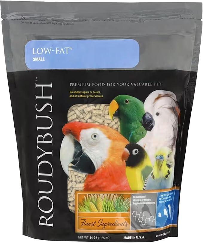 Roudybush Low Fat Food for Adult Birds & Chicks - Scientifically Formulated Bird Feed - Bird Food Pellets w/ Corn, Wheat, Soy & More - Nutritious & Healthy Feed for Birds (Small, 44oz)
