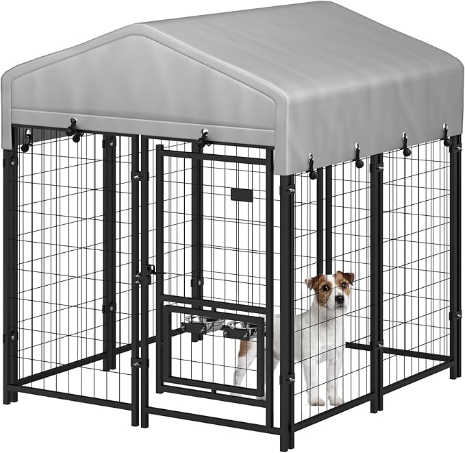HOGYME Outdoor Dog Kennel with Roof, Dog Kennel Outside with 2 Dog Bowls, Large Dog House Pen Dogs Run Enclosure with Secure Lock and Wateproof Sunproof Cover (4'L x 4'W x 4.6'H) Black