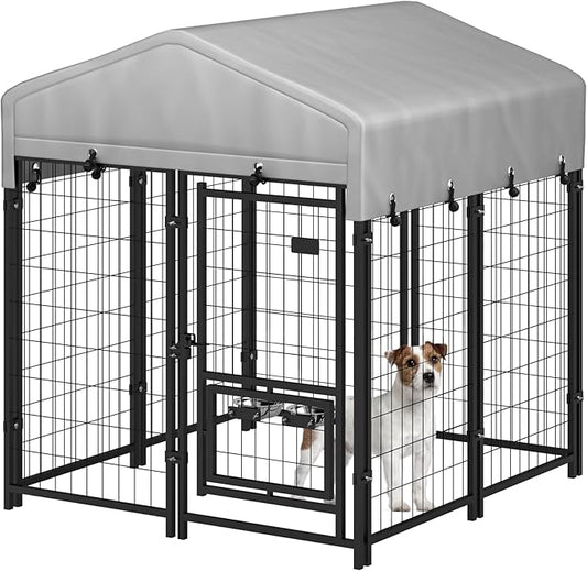 HOGYME Outdoor Dog Kennel with Roof, Dog Kennel Outside with 2 Dog Bowls, Large Dog House Pen Dogs Run Enclosure with Secure Lock and Wateproof Sunproof Cover (4'L x 4'W x 4.6'H) Black