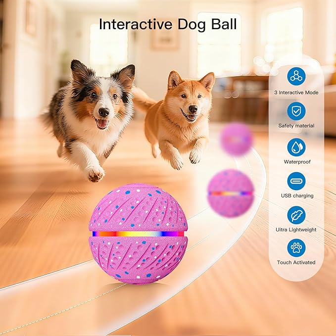 Interactive Dog Toys: Self Rolling & Bouncing Ball to Keep Them Busy, 3 Modes, Type-C Fast Charging, Durable E-TPU & IP54 Waterproof - Best for Small/Medium Breeds & Puppies (Pink)