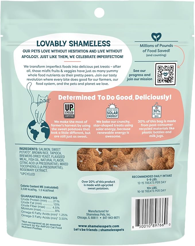 Shameless Pets Crunchy Cat Treats - Kitty Treats for Cats with Skin & Coat Support, Natural Ingredients Kitten Treats with Real Salmon, Healthy Flavored Feline Snacks - Yam Good Salmon, 1-Pk