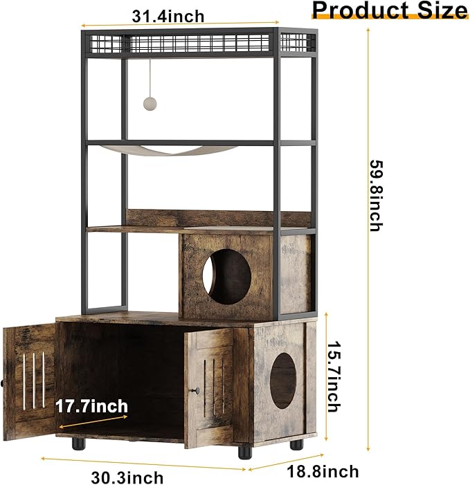 60-Inch Cat Litter Box Enclosure, Cat House with Storage Shelf, Sisal Hammock, Cat Condo, Play Ball and Reversible Door, Brown