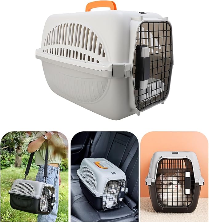 Pet Carrier for Small Dogs and Cats, Cat Carrier Plastic Dog Transport Box Pet Box for Outdoor Travel - Easy to Assemble Ample Space Excellent Ventilation (Grey)