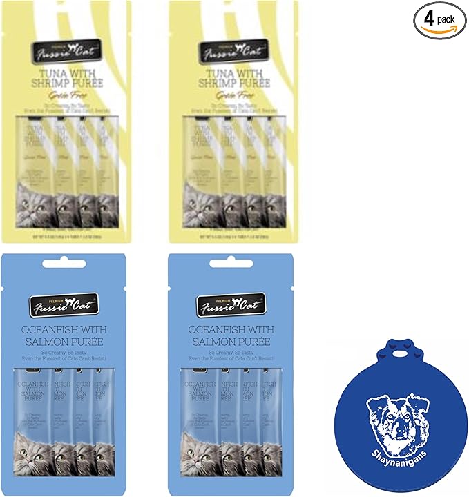 Fussie Cat Puree Grain Free Lickable Treat in 2 Flavors: 2 Tuna with Shrimp and 2 Ocean Fish with Salmon (4 Four-Tube Packs, 16 Tubes Total, 0.5 Ounce per Tube) Plus Shaynanigans Silicone Lid