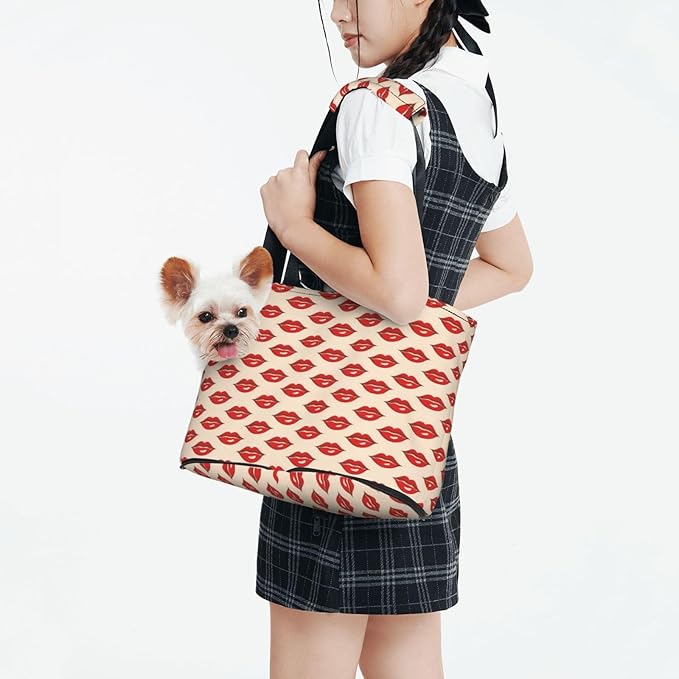 Red Lips (2) Print Foldable Pet Tote Bag, Shoulder Carrier for Small Dogs and Cats